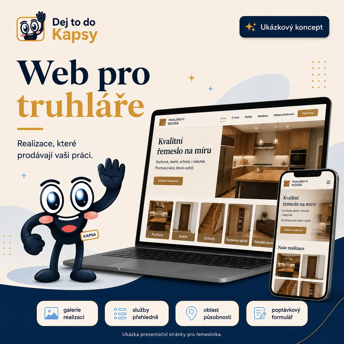 Ukázkový web pro truhláře na počítači a telefonu