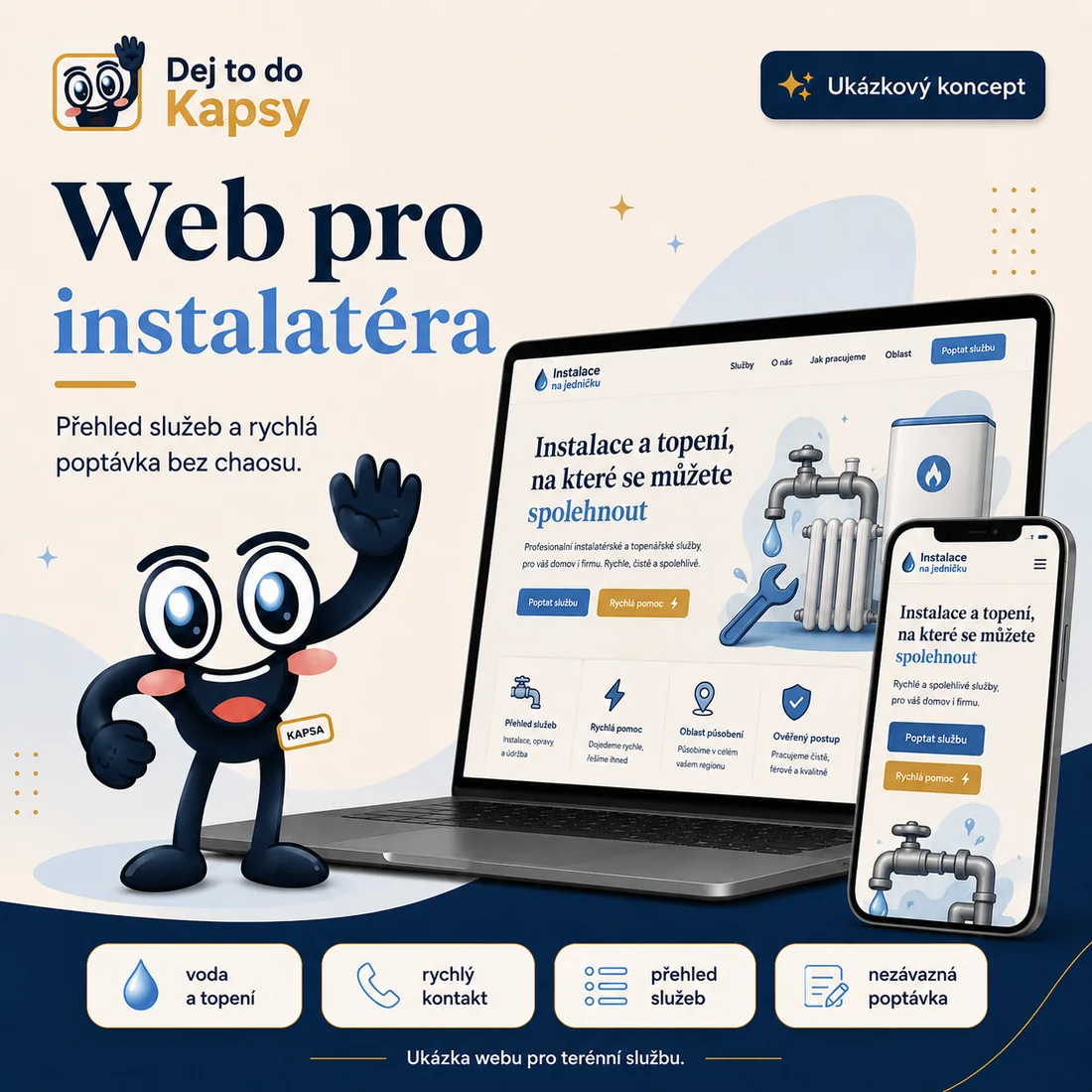Demonstrační koncept webu instalatéra na počítači a telefonu