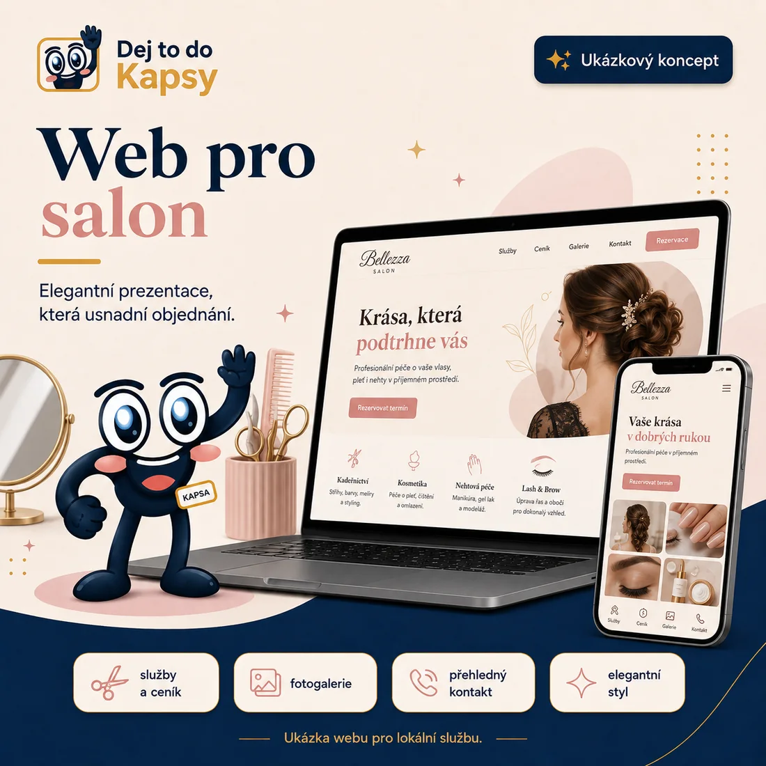 Demonstrační koncept webu salonu na počítači a telefonu