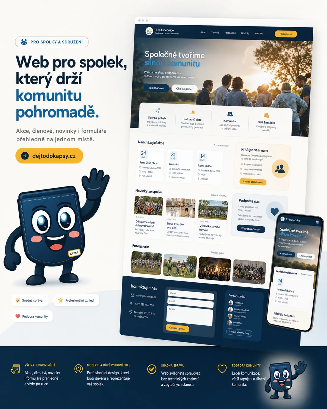 Demonstrační koncept webu spolku na počítači a telefonu